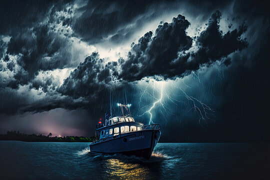 Ship in the evening under lightning. Generative AI.