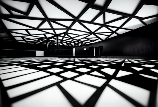 Wide photo of a room with abstract shaped ceiling and floor reflection, black and white