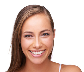 Beauty, cosmetic and portrait of a woman in a studio with a makeup, face or natural routine. Skincare, cosmetics and happy female model from Brazil with a skin treatment isolated by white background.