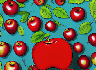 Digital pop art red apple background one large apple with smaller ones and leaves on a blue background fresh and fun with copy space in apple farm market illustration