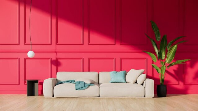 Modern interior design of apartment, living room ideas 3d rendering animation. pantone viva magenta color. timelapse 4K video footage