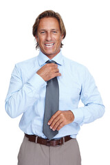 Business man, tie and smile portrait of a model happy about corporate job with white background. Isolated, finance employee and vertical professional worker person getting ready for working