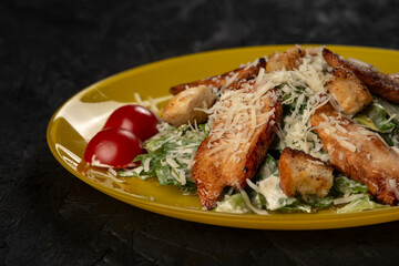 Grilled chicken breast with vegetables and herbs . Caesar salad
