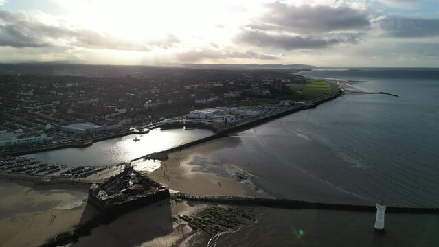 New Brighton waterfront, Wirral - aerial drone high approach on a sunny winter afternoon 08.01.23