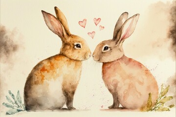 watercolor illustration with fluffy sweet two brown bunnies in love with hearts, generative ai