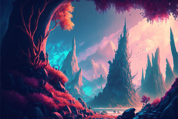 fantasy colorful mountains background - Generative AI