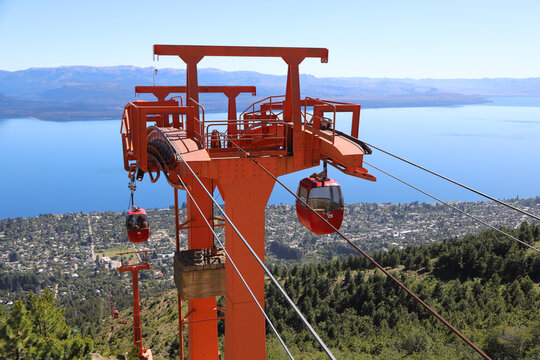 Cable car of Cerro Otto, San Carlos de Bariloche, Rio Negro, Argentina. Means of transport that goes up to Cerro Otto and its rotating confectionery. Tourist attraction. Red funicular.