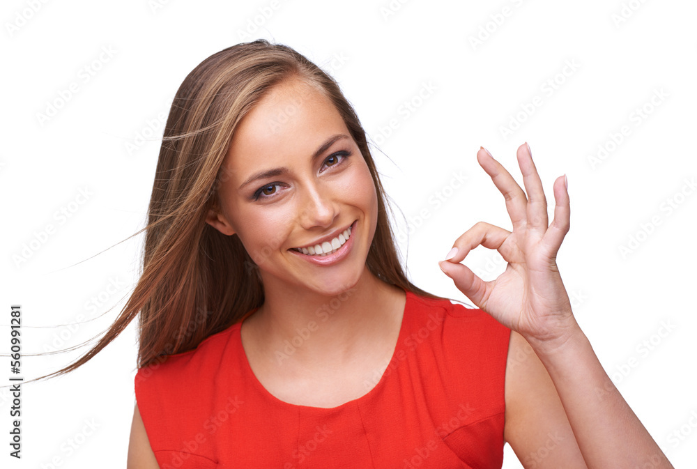 Wall mural Success, ok and portrait of woman with hand emoji for happiness in approval, yes and opinion. Young and beautiful model confident in agreement with happy smile at isolated white background.