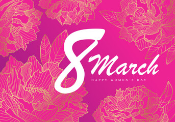 Stylish postcard for March 8 - International Women's Day. Pink peonies with a golden outline on a purple-pink background. Lush buds of peonies.