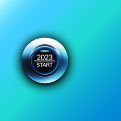 Blue glossy start button, 2023 start, new beginning concept illustration.