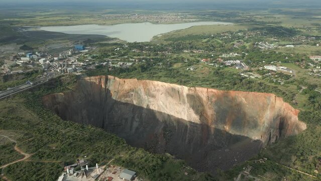 Aerial view of huge kimberlite pipe pit at Cullinan Diamond Mine, ZA