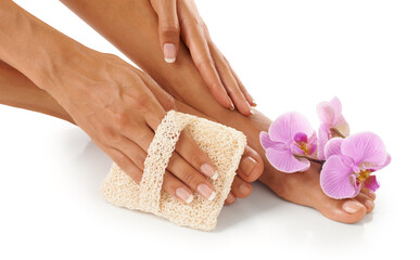 Spa, scrub and woman with cosmetics, feet and natural beauty for lady isolated on white studio...