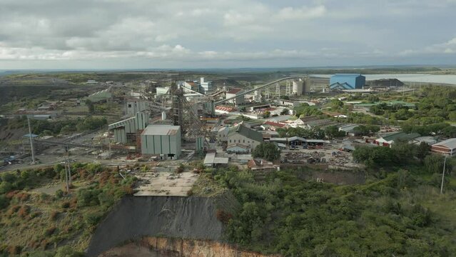 Aerial rises over headframe and processing plant at Cullinan Mine
