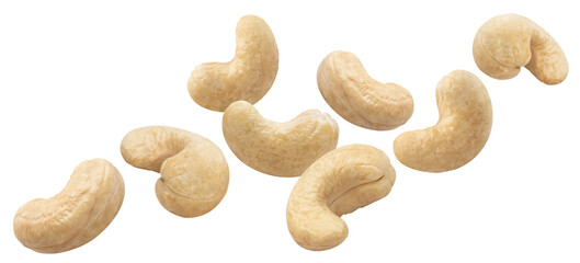 Flying delicious cashew nuts, isolated on white background