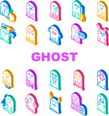 ghost halloween scary spooky icons set vector. horror white, dark fear, night holiday, spirit face, death fantasy, fly mystery ghost halloween scary spooky isometric sign illustrations