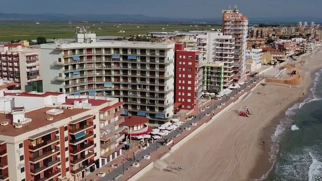 Aerial view of beach apartment area on the Mediterranean coast, Perello, Valencia, Spain