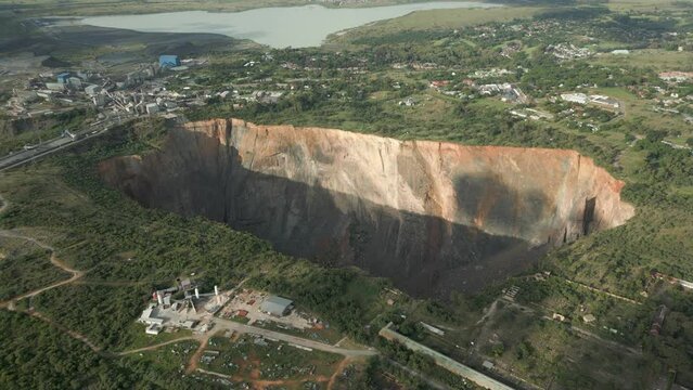 Aerial looks down into huge kimberlite pipe, Cullinan Diamond Mine, ZA