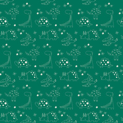 seamless pattern with dinosaurs in a linear style on a green background