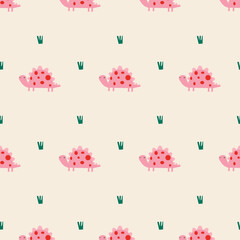 cute vector pattern with pink dinosaurs and greenery for kids design