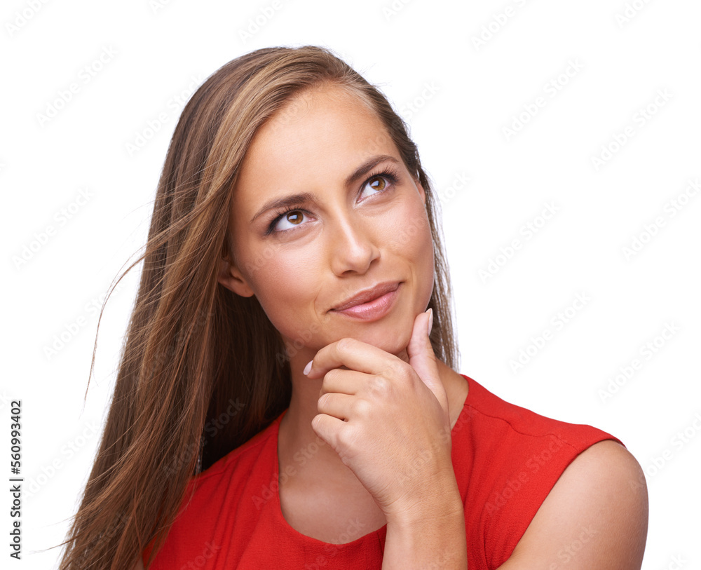 Poster Thoughtful, pensive and woman thinking in studio for planning, wondering and daydreaming. Idea, ponder and female model from Brazil brainstorming or contemplating while isolated by white background.