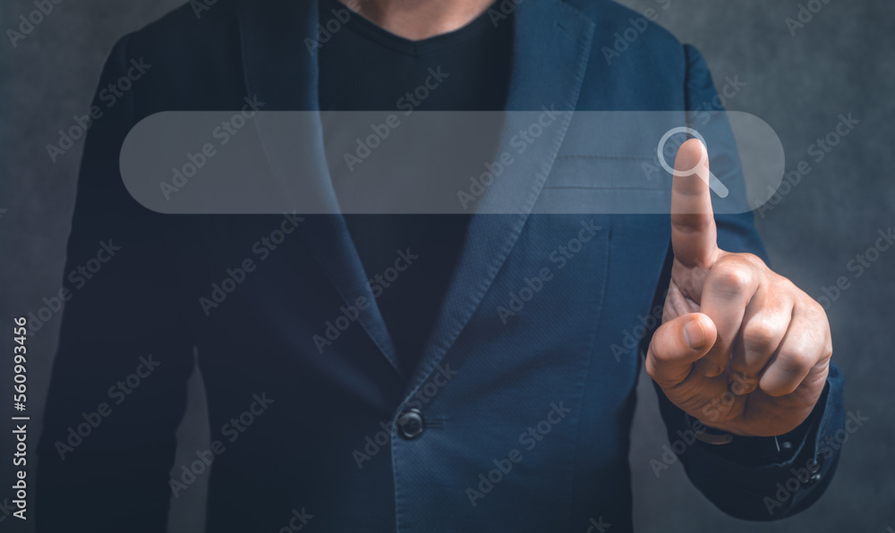 Poster business man pointing at search bar on virtual screen. businessman hand pushing virtual search bar. 