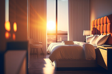 Hotel room with sunset light from window. Travel and vacation concept. Generative AI