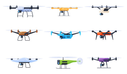 Drones for various tasks, surveillance, video recording, delivery of goods. Unmanned personal aircraft. Vector illustration