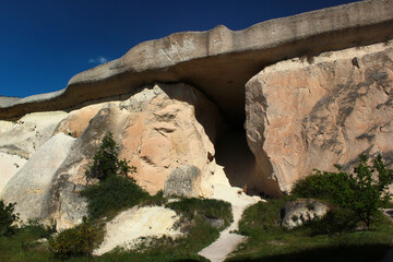 Rock formations near the ancient cave city of Zelve in Cappadocia, Turkey