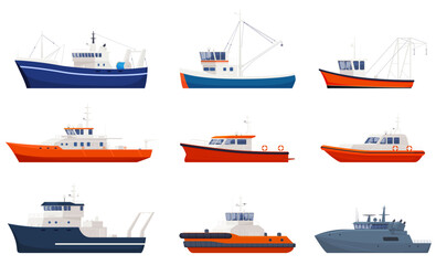 Sea ships. Professional boats for work at sea. Means of movement on water. Vector illustration
