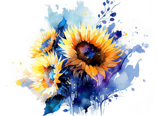 Yellow and blue sunflowers in splashes of paint as Ukraine flag colors and Ukrainian culture generative AI watercolor illustration - 560993834