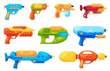 Toy water weapons. Summer games with water spraying in hot weather. Plastic water pistols. Vector illustration