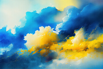 Illustration of cloudscape watercolor painting, blue and yellow clouds swirls generative AI art - 560993860