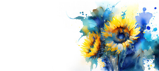 Yellow and blue sunflowers in splashes of paint as Ukraine flag colors and Ukrainian culture generative AI watercolor banner with copy space - 560993865