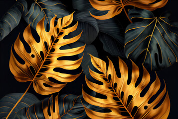 Luxury watercolor background illustration of lush black and golden monstera and banana palm tree leaves as generative AI art
- 560993883