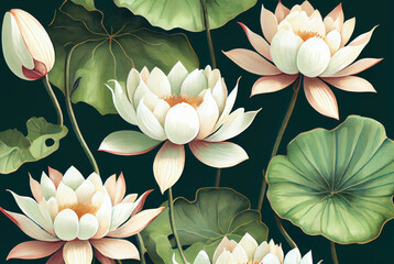 Botanical illustration as realistic watercolor of lotuses water lilies flowers and leaves aquatic plants generative AI art - 560993886