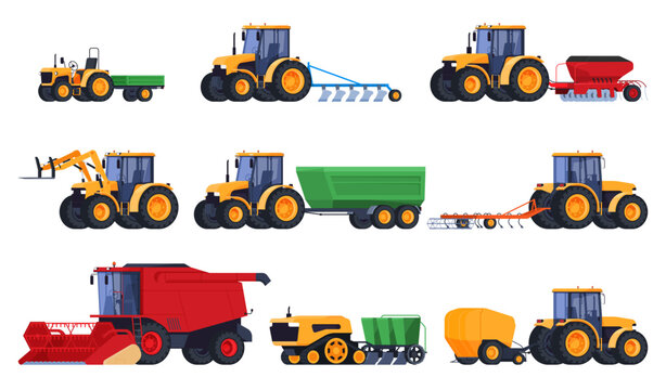 Tractor. Agricultural machinery for tillage. A heavy machine for working in the field, growing and collecting ecological farm products. Vector illustration