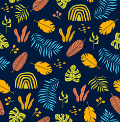 Bright botanical tropical pattern. Seamless background with exotic plants. Summer pattern. Lots of tropical foliage. fabric, paper, wallpaper	