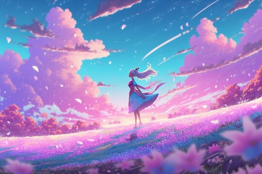 Women dances through fields of flowers, exploring every corner of this virtual world, digital painting style made with generative AI.