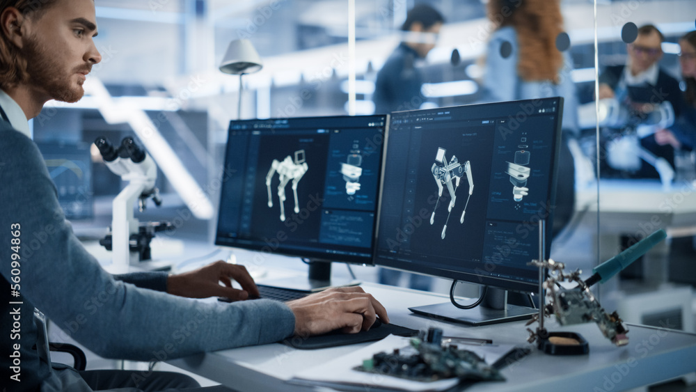 Poster Robotics Engineer Working on Programming a Robot Dog on Desktop Computer. Young Team of International Industrial Science Specialists Developing a Mobile Futuristic Robot in the Background.