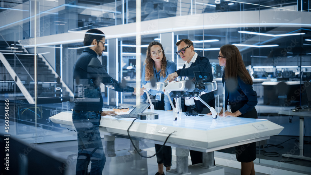 Poster professional multicultural team of female and male engineers use industrial programmable robot anima