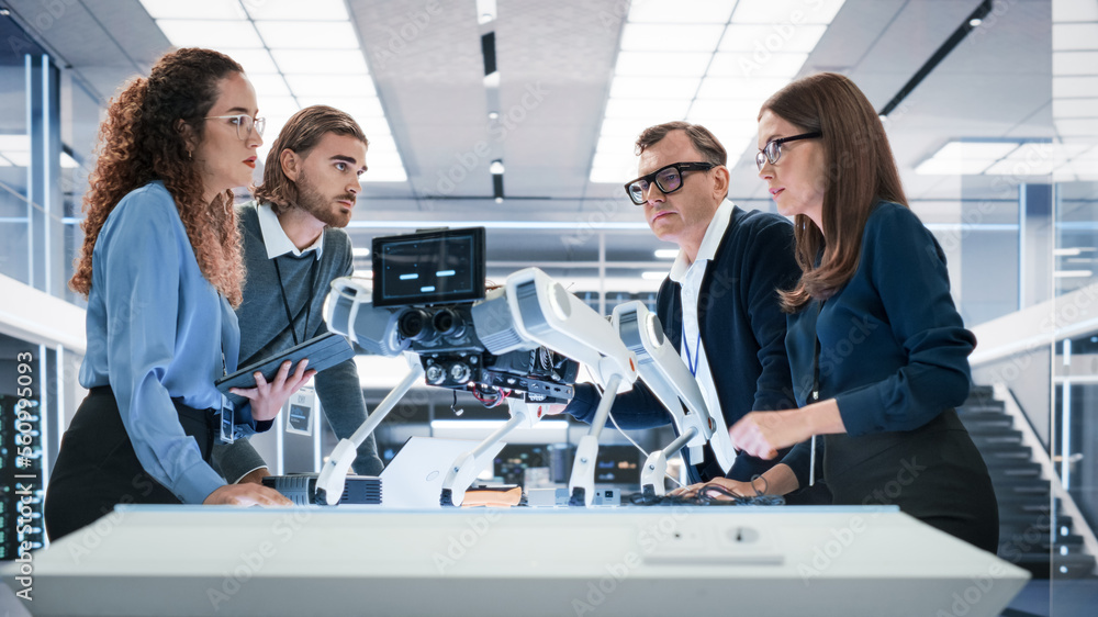 Aufkleber professional international team of female and male engineers use industrial programmable robot dog i