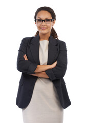 Black woman, studio portrait and arms crossed for business vision, success and suit by white...