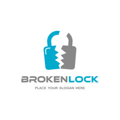 Broken Lock vector logo template. This logo is blue and suitable for password, protection.