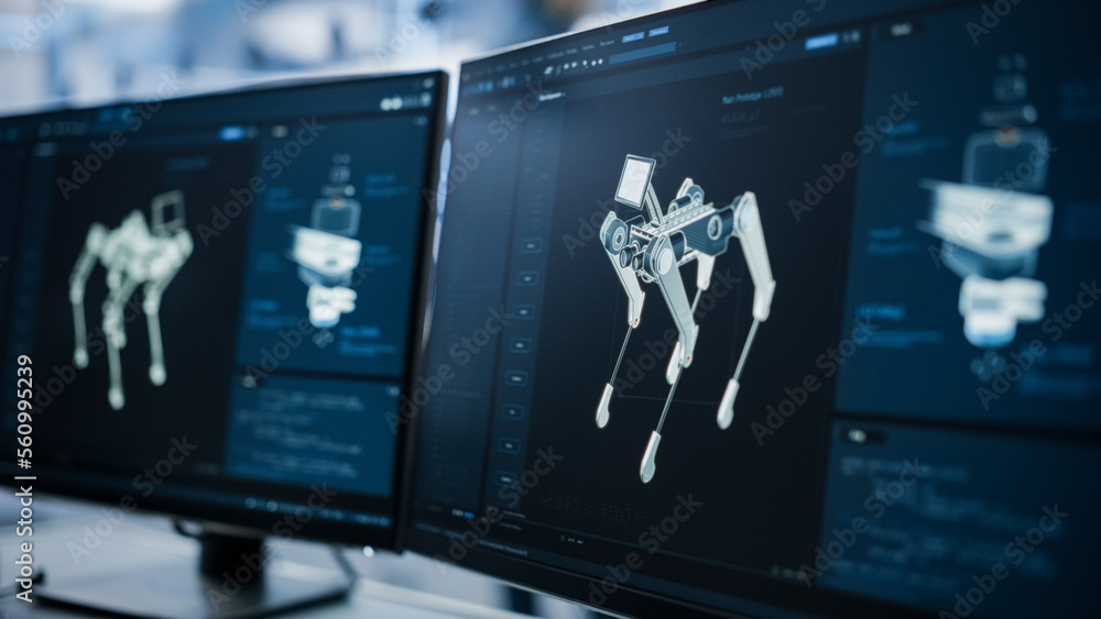Fototapete Close Up of a Computer Monitor Display with 3D CAD Software with High Mobility Robot Dog Project. Focus Switches to Research and Development Facility with Engineers Working on a Robot.