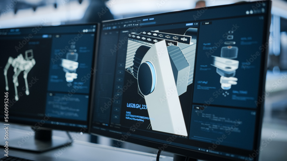 Poster Close Up of a Computer Monitor Display with 3D CAD Software with High Mobility Robot Dog Project. Focus Switches to Research and Development Facility with Engineers Working on a Robot.
