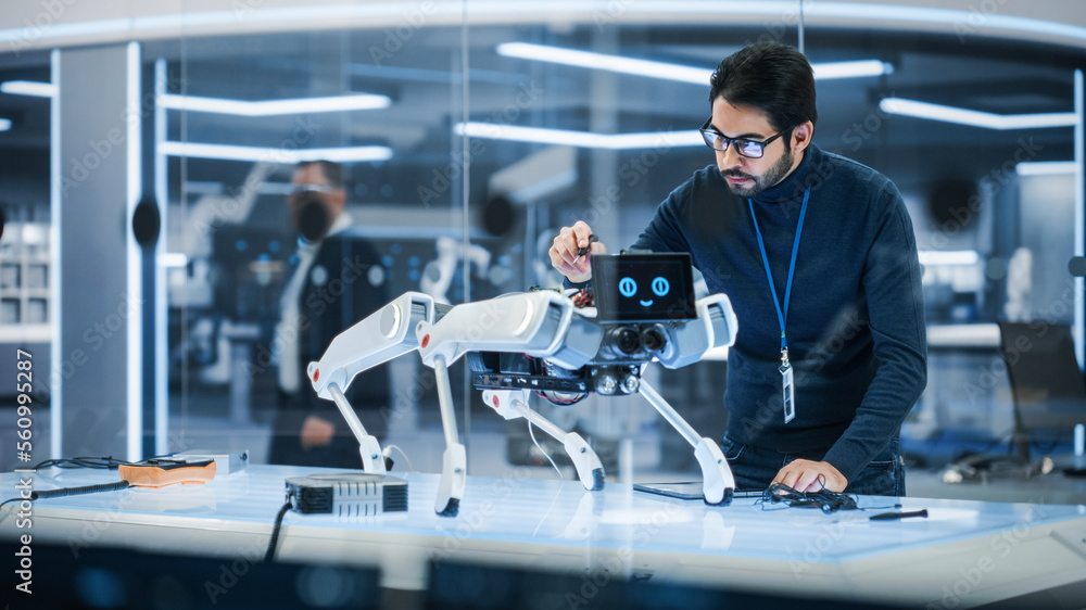 Aufkleber Portrait of Hispanic Engineer Using a Screwdriver While Building and Developing a Robot Dog Concept. Multiethnic Specialist Working in High Tech Research Laboratory with Modern Equipment.