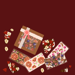 Decorative handmade dark chocolate in a box. Chocolate with the addition of berries, fruits, nuts for decoration and taste. In a gift box and packaging. Background for printing postcards, tags, banner