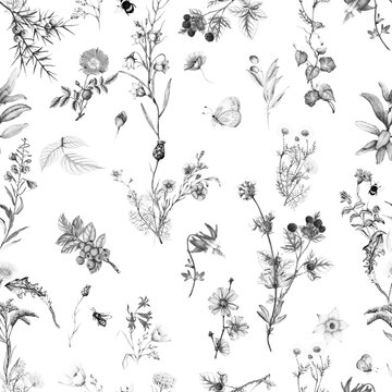 Monochrome botanical seamless pattern