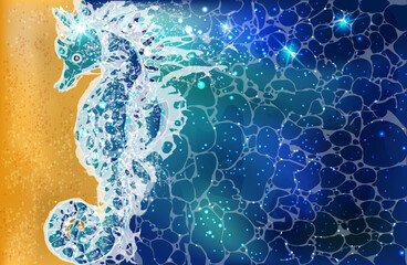 Sea horse greeting card, vector illustration