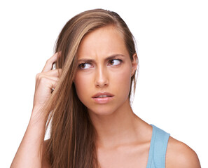 Thinking, stress and confused girl with question scratching head unhappy with problem, decision or fail. Anxiety, doubt and puzzled model with confusion on face at isolated white background.